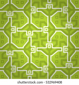 Bright green ornamental seamless pattern background in tribal style. Smooth tessellated repeatable backdrop. Retro tracery.