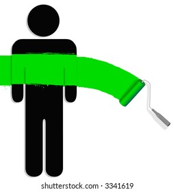 Bright green paint on a person with a paint roller: environment; envy; school colors; painters; change; renewal