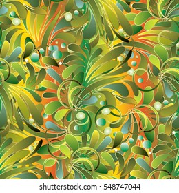Bright green paisley seamless pattern background wallpaper illustration with elegant hand drawn 3d ornaments.Ornate vector fabric paisley pattern texture.