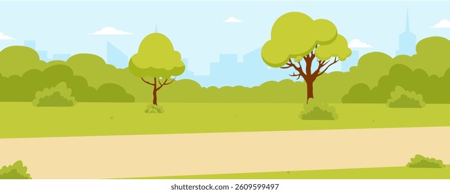 Bright and green park landscape with trees and a clear blue sky during daytime