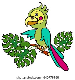 A bright green parrot on a branch with leaves.Vector illustration for children.Cute cartoon Bird with a big beak on a white background.The isolated image.
