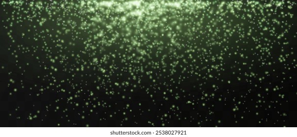 Partículas verdes brillantes cayendo suavemente sobre un fondo oscuro, creando una atmósfera mágica y festiva. Partículas brillantes sobre un fondo transparente. Luz con bengalas