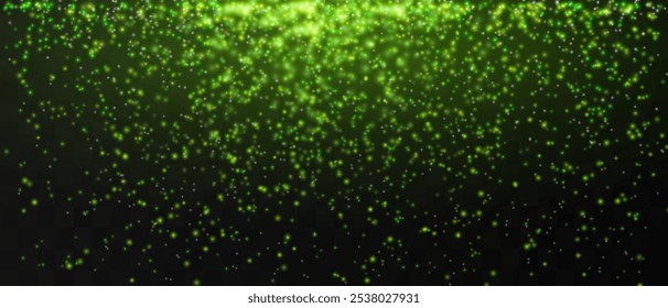 Bright green particles gently falling on a dark background, creating a magical and festive atmosphere. Glittering particles on a transparent background. Light with flares