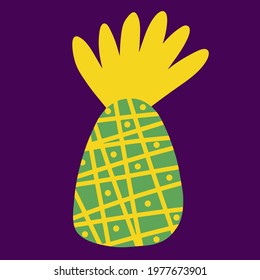 Bright green pineapple vector illustration. Exotic summer fruit with a pattern. Isolated icon on dark background. Flat cartoon style. Colorful print for decoration and design