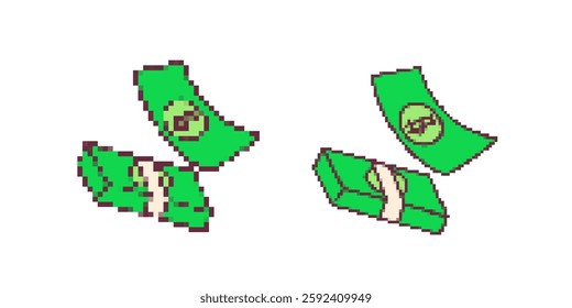 Bright green pixel art dollar bills and bundles with stylized dollar signs in a playful style.