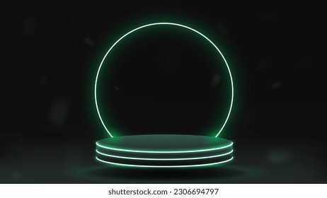 Podio verde brillante con arco de neón. Plataforma en un fondo oscuro.