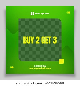 Bright green promo flyer for store discounts and online campaigns. Ideal for social posts, mobile ads, and digital storefronts.
