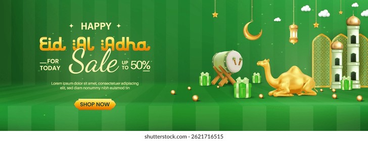 Banner promocional verde brilhante para as vendas do Eid Al Adha, apresentando um design festivo, incluindo um camelo dourado, presentes decorados e elementos inspirados em mesquitas com uma oferta de desconto.