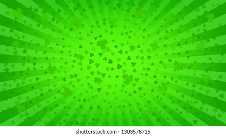 Bright green rays background, lot of clovers. Widescreen St. Patrick's Day wallpaper. St. Paddy's backdrop template. Comics, pop art style. 