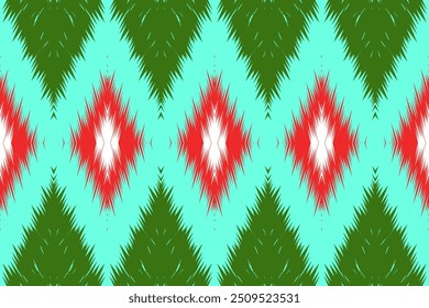 Patrón verde brillante y rojo de Ikat con Formas de diamante, perfecto para decoraciones festivas de telones de fondo y Navidades