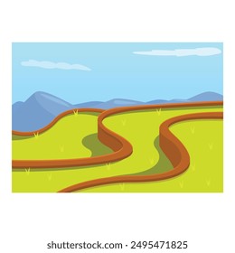 Bright green rice paddy fields forming terraces and leading to mountains on a sunny day
