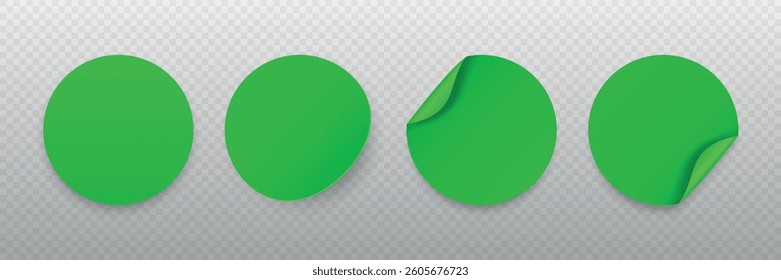 Bright Green Round Sticker Vector Set. Round Paper Stickers with Shadows. Curled Corner, Straight Round, Slightly Curled Stickers. Design Template for Labels, Tags, Promotions, Marketing
