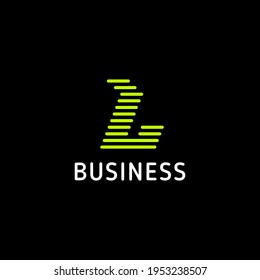 Bright green rounded lines sporty letter L arrow logo in black background