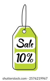 Bright green sale tag indicating a 10 percent discount on products or services