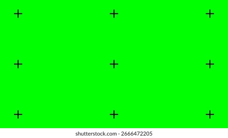 Video Fondo de pantalla verde brillante con marcadores de seguimiento negros y un punto de mira central, diseñado para una fácil composición de teclas cromáticas, edición e integración de contenido digital en la posproducción.