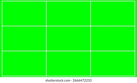Un fondo de pantalla verde brillante con un patrón de cuadrícula blanco, ideal para proyectos de producción de video, películas y televisión que requieren un fondo limpio y uniforme para efectos especiales y entornos virtuales.