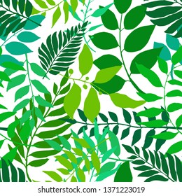Bright green seamless background with fresh leaves. Various foliage repetitive pattern. Vector illustration for your graphic design.