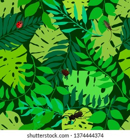 Bright green seamless background with fresh leaves and small insects. Various foliage repetitive pattern. Vector illustration for your graphic design.
