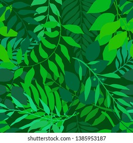 Bright green seamless background with fresh leaves. Various foliage repetitive pattern. Vector illustration for your graphic design.