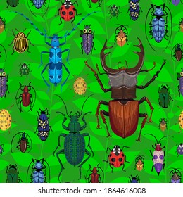 Bright green seamless pattern with colorful bugs. Cute vector drawing of small beetles. Insect on the background with green leaves. Cartoon bug wallpaper.