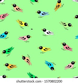 Bright green seamless pattern with colourful birds. Funny childish background. Cute design with nature objects