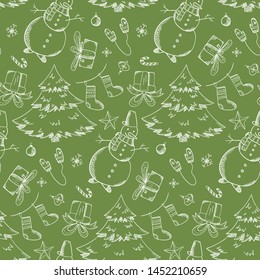 Bright green seamless pattern with outline sketch Christmas elements. Cartoon winter texture with firs, snowmen, giftbox, Santa Claus, stockings for textile, wrapping paper, wallpaper, New Year decor