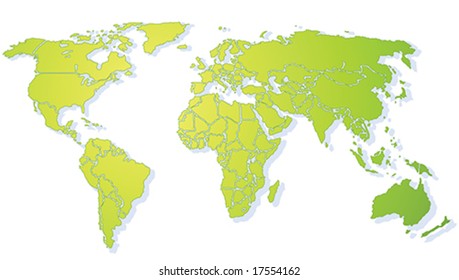 Bright green shiny stylized World map, with drop shadow on withe background(Vector). Each country is a separate shape. Background is in a separate layer. Colors are controlled by Swatches