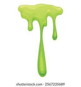 Bright green slime appears in a cartoon style, showcasing a glossy texture. The viscous substance drips from the top in a fun and playful manner, ideal for creative projects.