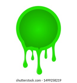 Bright green slime drips and blots set isolated on white background. Dripping slime. Green dirt splat, goo dripping splodges of slime. Halloween ooze, mucus isolated.