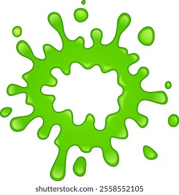 Bright green slime is splashing, creating a dynamic and vibrant splat with smaller droplets surrounding it against a clean white background