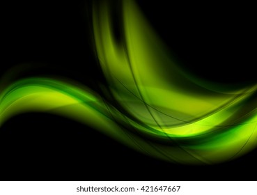 Olas brillantes y suaves de color verde claro sobre fondo negro. Diseño gráfico ondulado abstracto vectorial