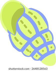 Bright green spiral seashell with blue outlines and dotted accents. Flat cartoon style, ideal for beach, ocean, summer, or marine-themed design and educational use.