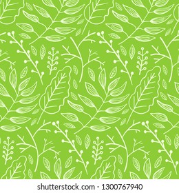 Bright green spring outline hand drawn botanical seamless pattern. Summer lush white meadow leaves and branches texture for textile, wrapping paper, cover, surface, wallpaper