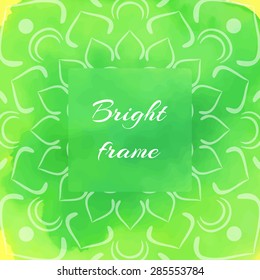 Bright green square frame with lotus petals. Oriental watercolor background. Vector template. Place for your text.