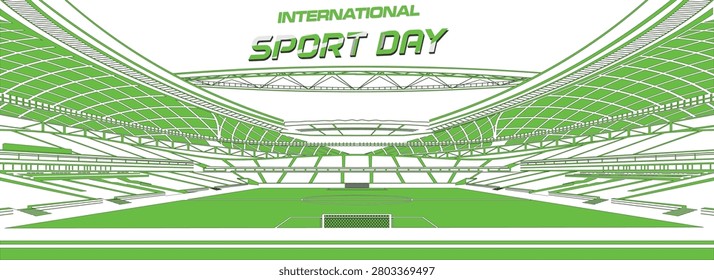 Bright green stylized stadium illustration showing a modern soccer field and grandstands beneath an International Sport Day banner, evoking competition, celebration, teamwork and large-scale sporting events.