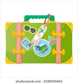 Bright green suitcase for travel. Hand luggage. Bag. Entertainment, moving to another country. Vector illustration on a white background in cartoon style.