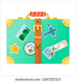 Bright green suitcase for travel. Hand luggage. Bag. Entertainment, moving to another country. Vector illustration on a white background in cartoon style.