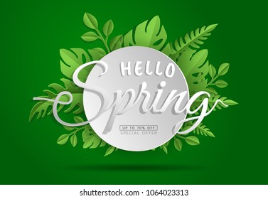 Bright green summer tropical background with exotic palm leaves