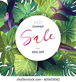 Bright green summer tropical background with exotic palm leaves and pink flowers. Modern vector floral sale template.