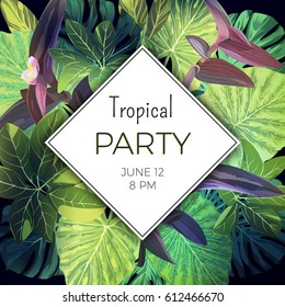 Bright green summer tropical background with exotic palm leaves and pink flowers. Jungle vector floral party flyer template.