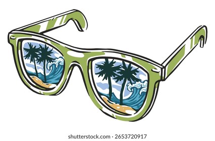 Bright green sunglasses feature reflections of palm trees and ocean waves capturing a vibrant tropical atmosphere. The sunny beach invites relaxation and adventure.