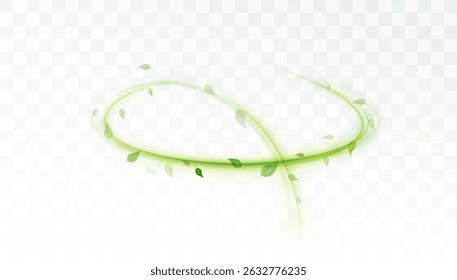 Bright green swirl with twisted leaves on transparent background. Vector effect on the topic: healthcare, ecology, medicine and sustainable development.