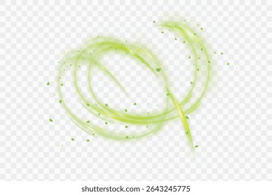 Bright green swirl with twisted leaves on transparent background. Vector effect on the topic: healthcare, ecology, medicine and sustainable development.