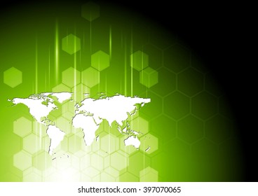 Bright green technology background with hexagons and world map drawing. Tech vector geometrical design
