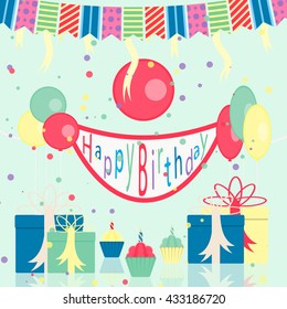 Bright green template of birthday greetings flags, balloons and gifts
