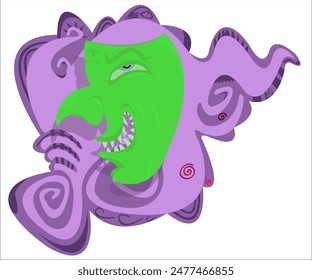 A bright green toothy, smiling mask; vintage, funky theatrical background. This cartoon illustration can be used as a logotype for creative groups, parties, perfomances, festival. Vector, isolated.