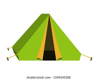 Bright green tourist tent icon. Isolated on white background. Vector illustration in flat style.