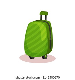 Bright green travel bag with retractable handle. Large cloth suitcase on wheels. Luggage of traveler. Flat vector icon