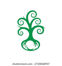 Logotipo de un árbol verde brillante con ramas rizadas y una base redondeada, con un diseño simple pero distintivo sobre un fondo blanco puro.