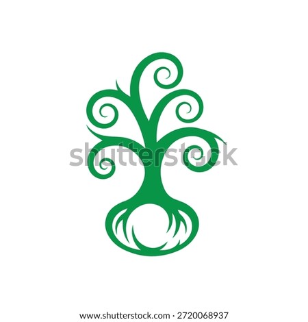 A bright green tree logo with curly branches and a rounded base, featuring a simple yet distinctive design on a pure white background.